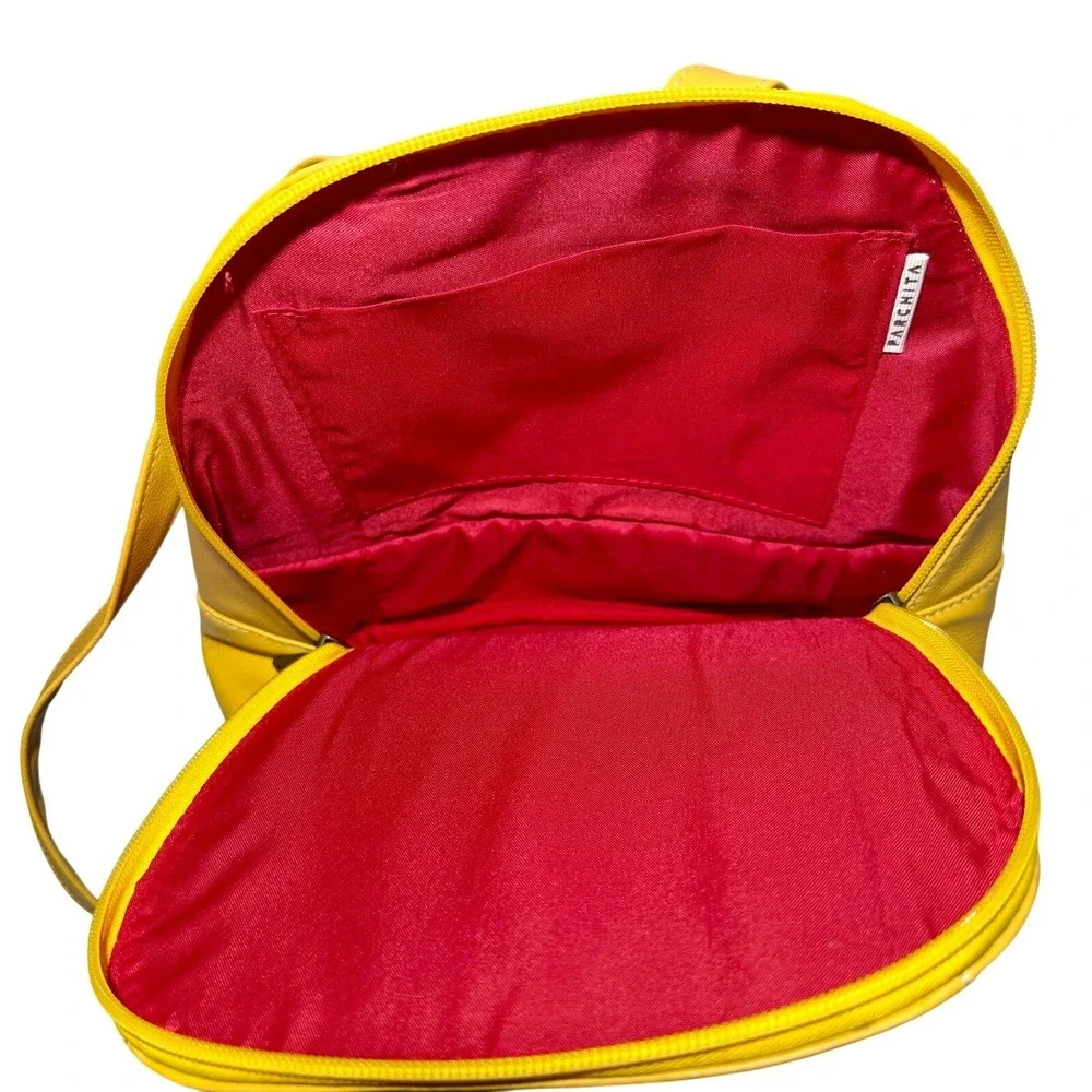 Vegan Leather Modern Geometric Backpack Yellow Structured Bag Bold Red Lining